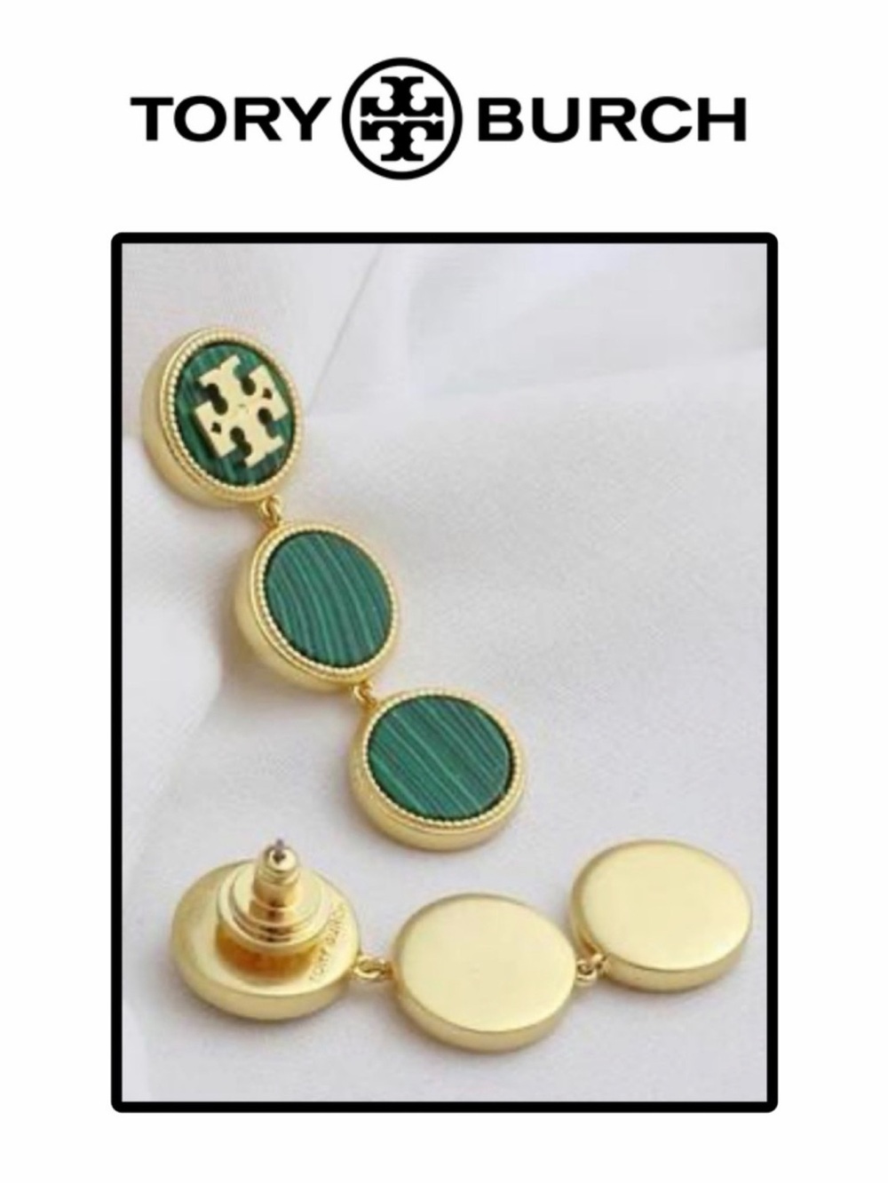 Tory Burch Gold and Green Triple Disc Drop Earrings